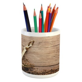 Ambesonne Rustic Pencil Pen Holder, Nautical Anchor and Fishing Net on Wooden Background Fisherman Seaside Themes, Ceramic Pencil Holder for Desk Office Accessory, 3.6" X 3.2", Brown and Cocoa