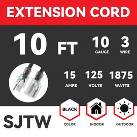 EP 10 Ft Lighted Outdoor Extension Cord - 10/3 SJTW Heavy Duty Black Extension Cable with 3 Prong Grounded Plug for Safety, UL Listed
