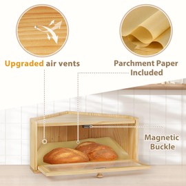 Sunhoo Bread Box for Kitchen Countertop Wooden Corner Breadbox Counter Food Storage Bin Container Farmhouse Rustic Homemade Bread Fresh Keeper Organizer Holder Vintage Stackable with Window (Yellow)