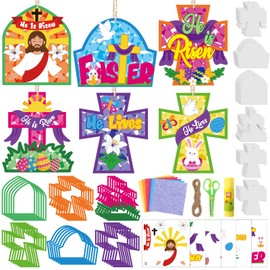 Feifeiya 24 Sets Easter Religious Crafts Kit Cross Christian DIY Paper Suncatcher with Colored Tissue Paper Sticker Jesus He is Risen Ornaments for Window Church Sunday School Vbs Activity(Cute)