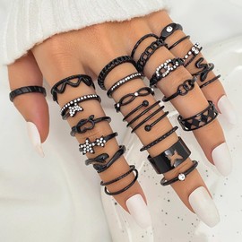 Trendy Gold Knuckle Rings Set for Women,Dainty Black Rhinestone Stackable Non Tarnish Thumb Rings Pack,Heart Butterfly Star Snake Rings (Black)