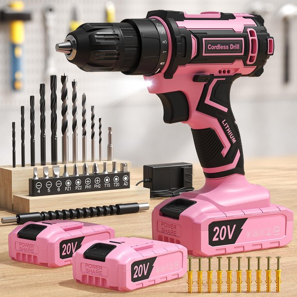 Cordless Drill, 20V Power Drill, Double 2000mAh Batteries Electric Drills,