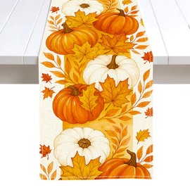Fall Pumpkins Table Runner, Seasonal Autumn Maple Leves Thanksgiving Kitchen Dining Table Decoration for Home Party Decor 13x72 Inch