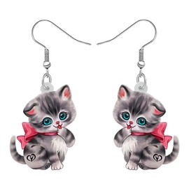 LONYOO Acrylic Christmas Furry Cat Earrings Cute Kitten with Bow Tie Dangle Jewelry Gifts for Women Party Favors Decor (Black)