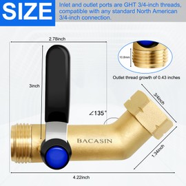 135° Full Flow Heavy Duty Brass Garden Hose Shutoff Valve with 304 Stainless Steel Extended Handle, 3/4-Inch Leak-Free Elbow Connector for Outdoor Faucets, RV Spigots, and Hose Extenders