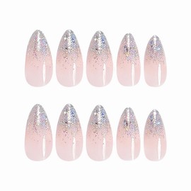 MISUD Press on Nails - Medium Almond Faked Nails with Bling Glitter, Acrylic Nude Pink Design 24 pcs