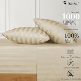 URBANHUT 1000 Thread Count Pure Cotton California King Striped Sheets Set (4 Pc) - Ultra Soft & Smooth, Thick & Crisp Sateen Weave Calking Striped Bedsheets with 16" Deep Pockets - Sand.