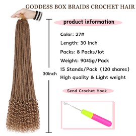 30 Inch Box Braids Crochet Hair with Curly Ends 8 Packs Pre-looped Goddess Box Braids Hair Extensions Blonde Synthetic Boho Box Braiding Hair for Women (15Strands/pack 27#)