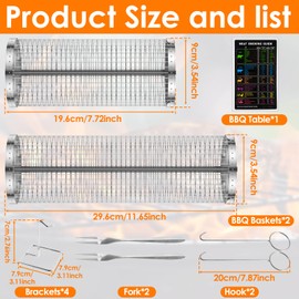 Nesting Grilling Baskets Set, Stainless Steel Rolling Grill Baskets with Holders & Oil Brush & Fork & Hook, Cylindrical BBQ Grill Basket Dishwasher Safe for Outdoor Grill, Vegetable Shrimp Chicken