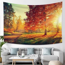 Fall Forest Tapestry Wall Hanging, Fantasy Golden Sunshine Sunset Scenery Tapestry, Autumn Tree Natural Landscape Wall Art for Bedroom Living Room Indie Party Decor, 60X40 Inches