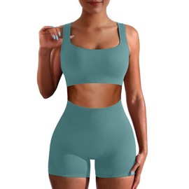 AURUZA Workout Sets for Women Two Piece Sets for Women Summer Seamless Ribbed High Waist Leggings with Sports Bra Crop Tank Gym Yoga Sets, Blue, M