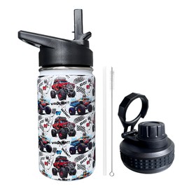 Monster Truck Kids Water Bottle for School with Straw Lid,12oz Stainless Steel Insulated Water Bottle for Boys & Girls,Leak Proof Lid with Handle & Touch Free Spout (A09)