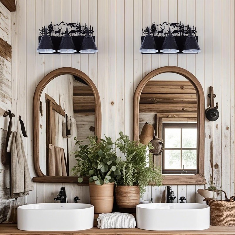 Rustic 3-Light Black Vanity Light Fixtures with Deer Design, E12