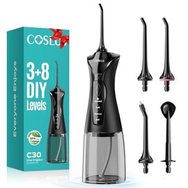 COSLUS Irrigador dental con hilo dental para dientes: 4 modos, inalámbrico, portátil, tanque de 300ML más grande, limpiador de dientes con agua, IPX7 