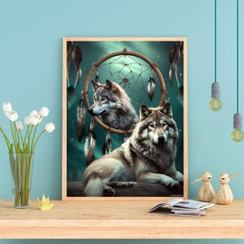 PUAGEMTI 5D Dream Catcher Diamond Painting Kits for Adults, Two Wolves and A Dream Catcher DIY Full Drill Crystal Arts and Crafts, Gem Art Paints Home Wall Decor Gifts 12x16 inch
