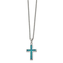 Auriga Fine Jewelry Stainless Steel Polished with Imitation Opal Small Cross Pendant on a Rolo Chain Necklace 22"