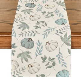 Artoid Mode Pumpkins Fall Eucalyptus Leaves Table Runner, Seasonal Autumn Thanksgiving Kitchen Dining Table Decoration for Home Party 13x72 Inch