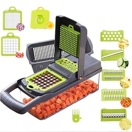 Multifunctional Vegetable Cutter with 7 Blades – Stainless Steel Slicer & Dicer with Draining Basket – Easy Meal Prep for Fruits, Veggies, Cheese, and More