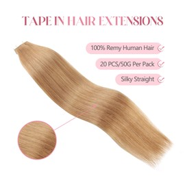 Sixstarhair Tape-In Extensions, 20 Pieces/Pack, 50 g, 16 Inch Tape-In Hair Extensions, Real Hair, #27 Honey Blonde, Remy Tape-On Extensions
