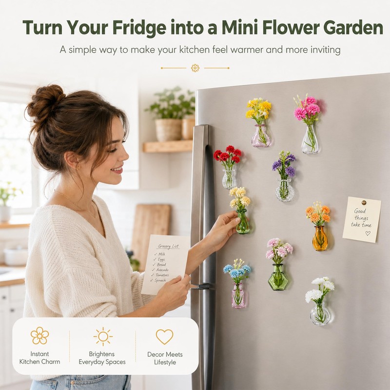 10-Pack Mini Vase Magnets for Fridge with Flowers, Glass Vases