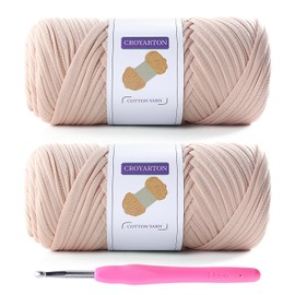 2 Pack T Shirt Yarn for Crocheting with 1 Crochet Hook, Elastic Tshirt Yarn for Crochet Bag/Baskets/Home Decor, Spaghetti Yarn Thick Knitting Yarn Total Length 130 Yds, Weight 14 Oz (Beige)