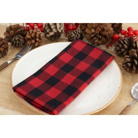 PurpleEssences Buffalo Plaid Cloth Napkins - Mitered Corners - Christmas Gingham Check Dinner Napkin - Set of 12-100% Cotton - Reusable Washable - Red and Black