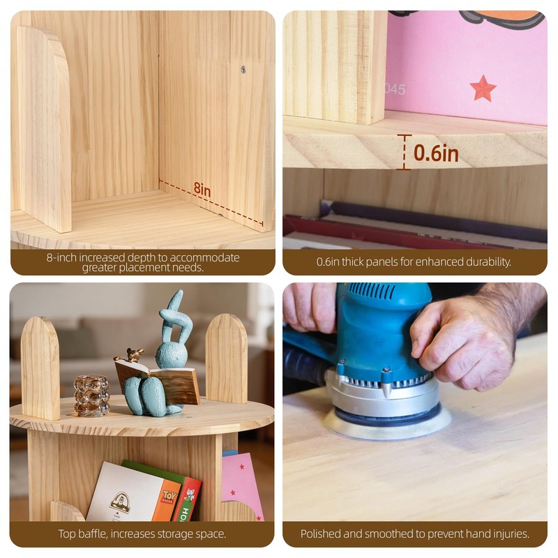 Kryonix Rotating Bookshelf for Kids, Solid Pine Wood Spinning Bookshelf