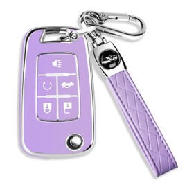 QBUC for Chevy Key Fob Cover with Leather Keychain Chrome Silver Trim Soft TPU Compatible with 2010-2019 Chevy Equinox Malibu Impala Cruze Sonic 5-Buttons(Purple)