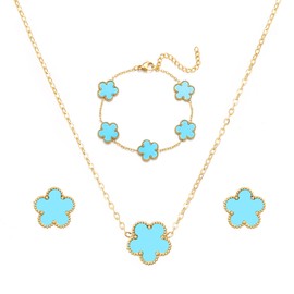 RWQIAN 3 PCS Blue Clover Bracelets Set,Gold Plated Clover Necklace Earring Adjustable Bracelets for Women,Lucky Five leaf Clover bracelets with Design Clover Necklace,Charm Jewelry Set for Women