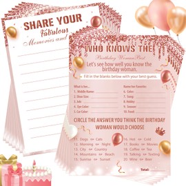 Yoirrat 50 Pcs Who Knows The Birthday Women Best Game Cards Pink Rose Gold Birthday Party Supplies for Women Double Sided Rose Gold Activity Cards Notebook Themed Decorations