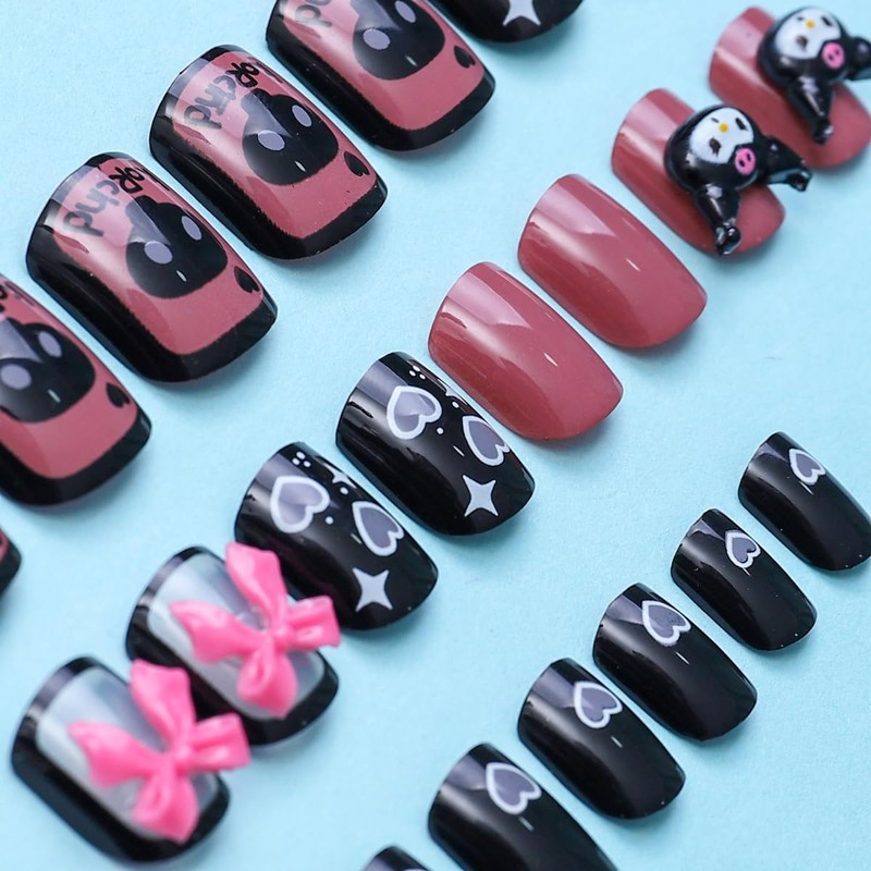 Handmade Nail Tip, Long Almond, Stiletto False Nails, Pink, Black,