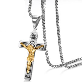 JewelryWe Jewellery Men's Necklace, Catholic Jesus Christ on INRI Cross Crucifix Stainless Steel Pendant with 22 Inch Wheat Chain Retro Chain, Gold Silver