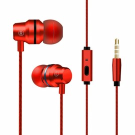 3.5mm Wired Headphone Super Heavy Bass Headset Earphone Stereo Earbuds With Mic (Red)