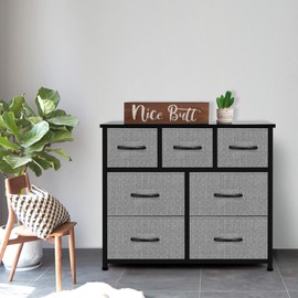 AZL1 Life Concept Storage Organizer 7-Drawer Closet Shelves, Sturdy Steel Frame Wood Top with Easy Pull Fabric Bins for Clothing, Grey with Black