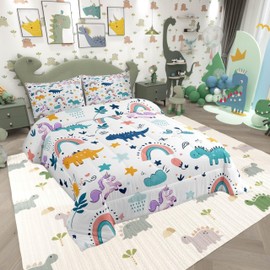 Manfei Cute Dinosaur Unicorn Comforter Set Twin Size,Cartoon Animal Star Rainbow Bedding Set Kids Girls Adult Room Decor,Kawaii Flower Leaf Down Comforter Soft Duvet Insert,1 Pillowcase