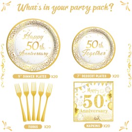 Hombae 50th Anniversary Supplies Tableware Set, 50th Wedding Anniversary Decorations, 50 Year Anniversary Party Decor, Happy 50th Anniversary Supplies Plates Napkins Forks Serves 20 Guests White Gold