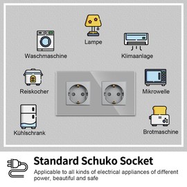 JIMEIDA JIMEIDA 2 Pack Doppelsteckdose in Grau, 16Amp Glas Schuko Steckdosen Unterputz Schutzkontakt Wandsteckdose- 157 * 86mm, 250V, 2 Fach