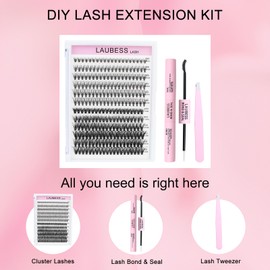 Lash Extension Kit 20D+40D Lash Clusters Kit Eyelash Extension Kit Lash Bond and Seal Waterproof Individual Lashes Kit Lash Tweezers DIY Lash Extension Kit (Set 20D+40D-0.07C-9-16Mix)