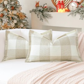 Sungeek Buffalo Check Plaid Cushion Covers 30 x 50 Set of 2 Linen Christmas Tartan Decorative Lumbar Pillow Covers with Stitched Edge for Sofa Couch Bed Living Room 12x20 Inch (Beige)