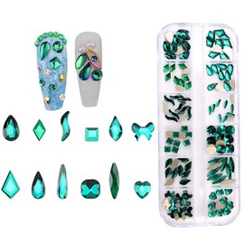 Jollin 120pcs Flatback Rhinestones Glass Charms Diamantes Gems Stones for Nail Art Box Multi Shapes Dark Green