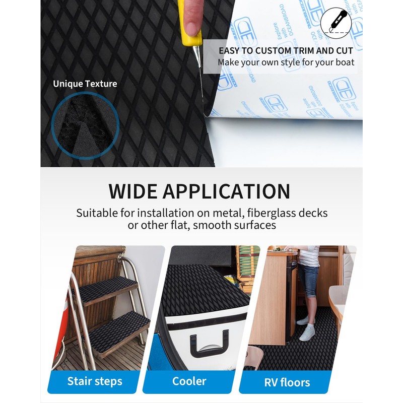 OCEANBROAD Self-Adhesive 48''x16'' Boat Flooring Non-Slip Diamond Pattern Traction Pad