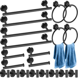 Bathroom Hardware Set 20 Pieces, Stainless Steel Towel Bar Set Includes 4 Packs 15.7 inch Bar, 8 Packs Hook, 4 Packs Ring, 4 Packs Toilet Paper Holder Wall Mounted (Matte Black)