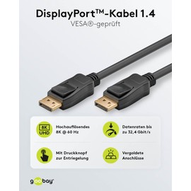 goobay 8K DisplayPort Kabel 1m /DP 1.4 / für Gaming PC, Laptop, Dockingstation/UHD DP Kabel für Monitore 4K@120Hz, 240Hz / HDR kompatibel/vergoldete Stecker / 74777