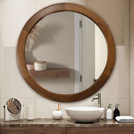 CULER Round Mirrors 30 Inch,Wood Vanity Wall Rustic Mirror with Walnut Frame, Wooden Mirror for Bathroom Bedroom Living Room Or Entryway(Walnut Brown)