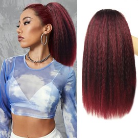 MODSIGHT Yaki Straight Ponytail Extension for Black Women, 14 Inch Ombre Brown Fluffy Thick Synthetic Yaki Ponytails, Drawstring Yaki Ponytail for Black Women Girls (Ombre Burgundy 1Bbug)