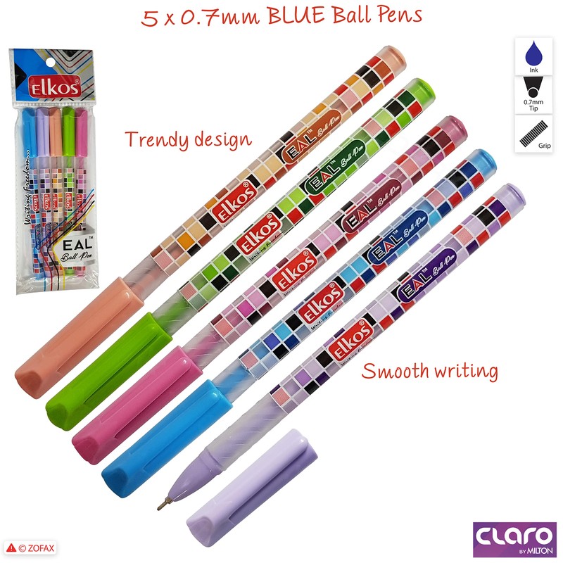 ELKOS BLUE Ballpoint Pens, 0.7mm Fine Point, Pack of 5,