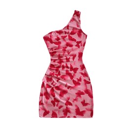 GORGLITTER Women's Butterfly Print Bodycon Mini Dress One Shoulder Ruched Dresses Birthday Going Out Dinner Dresses Pink Medium
