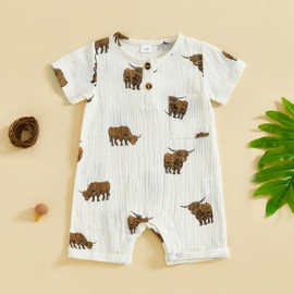Newborn Baby Boy Western Clothes Cute Cow Short Sleeve Romper Jumpsuit Bodysuit Cowboy Summer Outfit (A-Beige, 3-6 Months)
