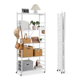 VEVOR 5-Tier Foldable Storage Shelf, 32W x 14D x 72H Inch Folding Metal Rack Shelving Unit, No Assembly Organizer Shelf with 5 Wheels & 4 Hooks for Pantry, Kitchen, Garage, Basement, White