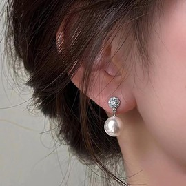 Cimenexe Bohemian Crystal Pearl Drop Earrings Silver Rhinestone Circle Stud Earrings White Pearl Dangle Earrings Minimalist CZ Pearl Earrings Jewellery for Women (White), Zinc, No Gemstone